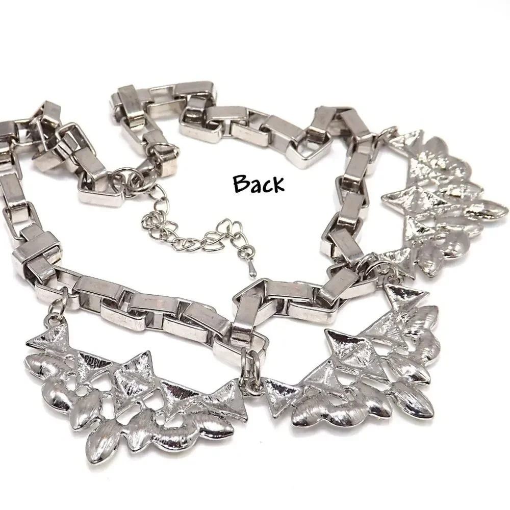Silver Tone Statement Necklace, Aurora Borealis Rhinestones, 20 Inches